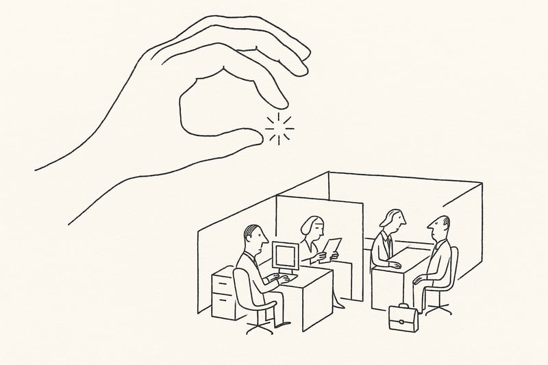Handgezeichnete Hand, die einen kleinen Funken über einer Büroszene hält; steht für die oft übersehene stützende Gefühlsarbeit im Arbeitsalltag.